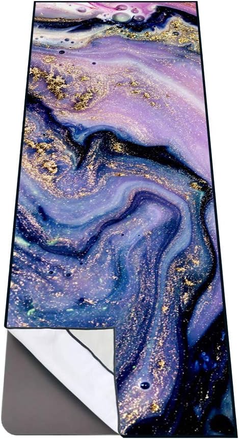 QiyI Yoga Mat Towel with Corner Pockets, Non Slip Sweat Absorbent Hot Yoga Towels, Soft Yoga Blankets with Travel Bag, Skidless Mat Cover for Workout, Gym, Fitness - 74"x26", Purple Gold Marble-FlexoryFit
