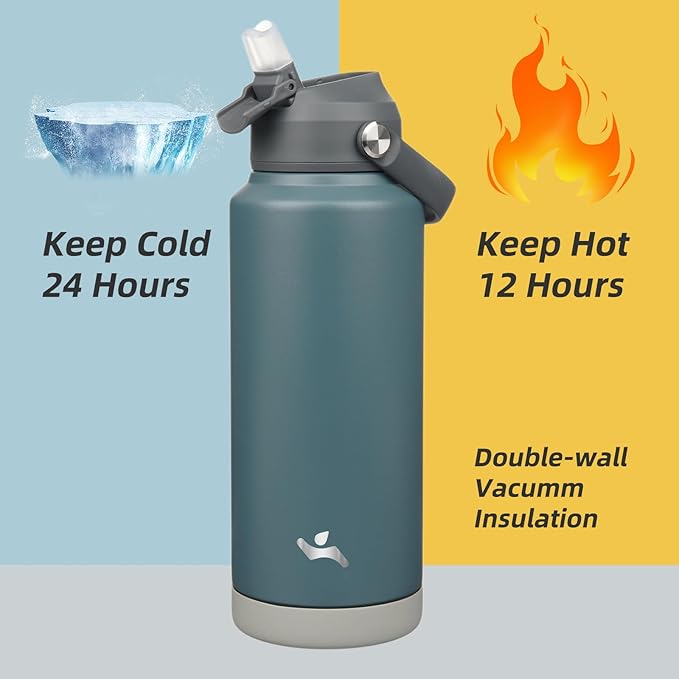 Insulated Water Bottle with Straw Lid,32 oz Stainless Steel Vacuum Metal Bottle with Silicone Handle,Dark Gray-FlexoryFit