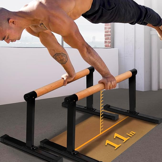 11.8" High Wooden Parallel Bar and Dip Bar with Thick Beech Handles, Push-up Bar, Rock-Free Fitness Equipment for Handstand, L-Sit, Gymnastics, Strength Training Home Gym,440lbs-FlexoryFit