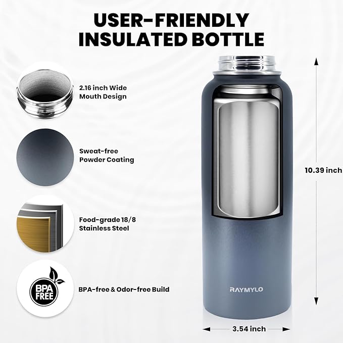 Insulated Water Bottle 40 oz, Triple Wall Vacuum Stainless Steel (Cold for 48 Hrs), Leak Proof & Non-BPA, Modern Water Flask Jug with Paracord Handle & Straw Spout Lids, Dark Grey-FlexoryFit