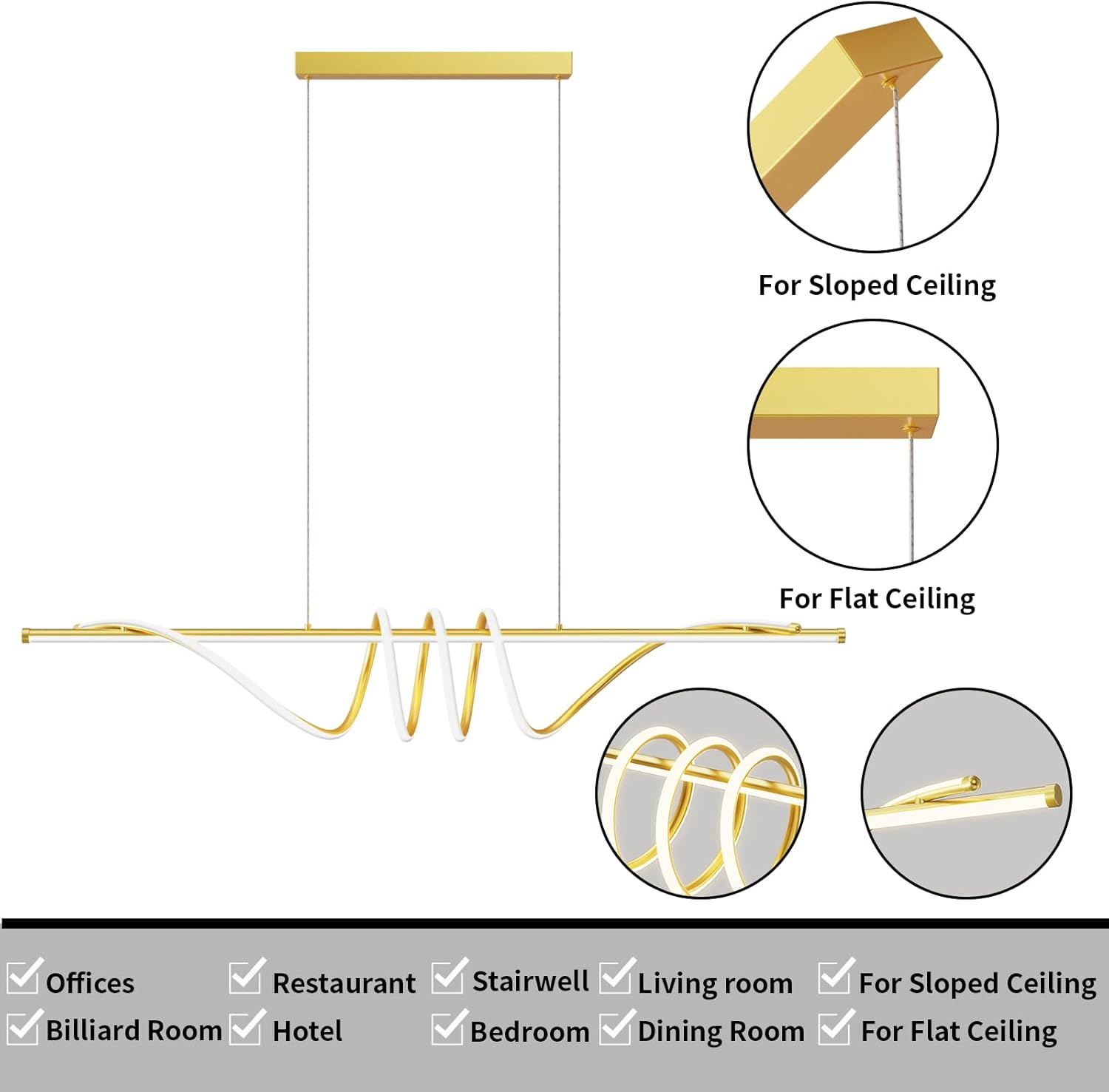 Modern LED Pendant Lights Kitchen Island, 57in Gold Chandelier Dimmable with Remote Control 3000k-6000K Adjustable, Aluminum Island Lighting Lamp Fixture for Kitchen, Dining Room