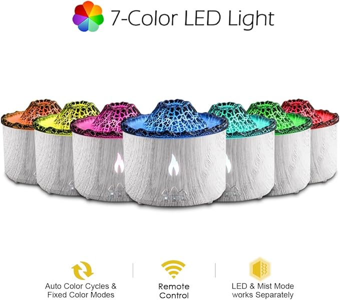 300ml Essential Oil Diffuser, Ice Volcano Flame Aromatherapy Diffusers Fragrant Humidifier Vaporizer with Remote Control, Night Lights, Timer Auto Off for Bedroom Office (Light Wood Grain)