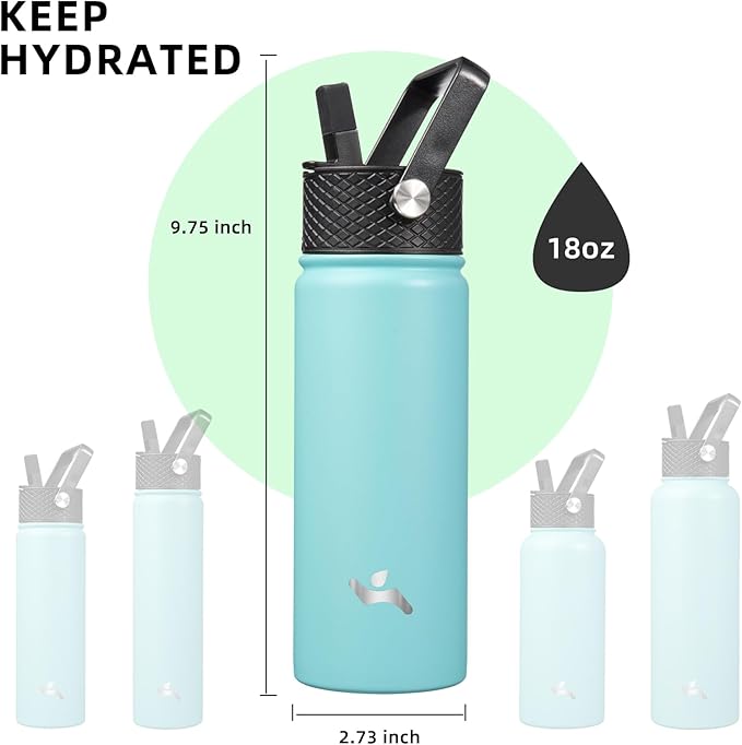 Insulated Water Bottle with Straw,18oz 3 Lids Metal Bottles Stainless Steel Water Flask,Turquoise-FlexoryFit