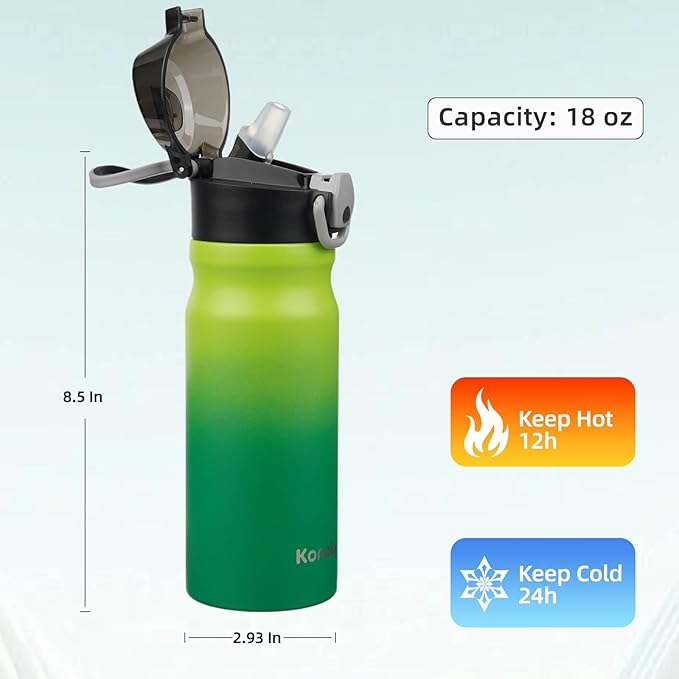 Insulated Water Bottle with Straw and Carry Loop,18 oz Stainless Steel Double Wall Vaccum Metal Water Flask with Leak-proof Lid,Matcha Green-FlexoryFit