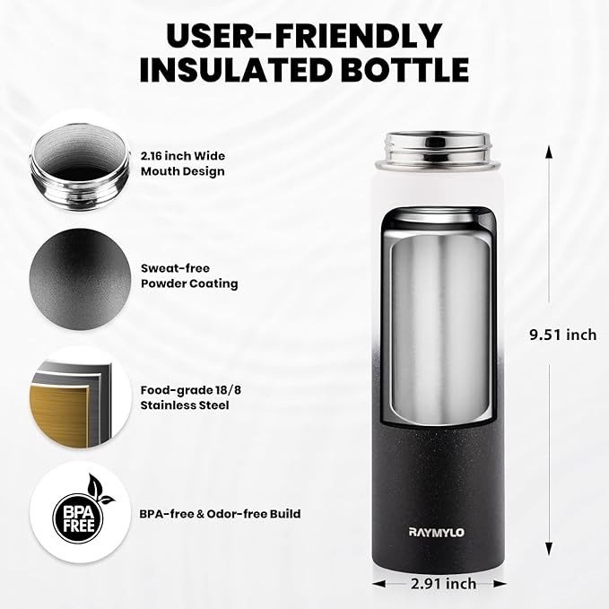 Insulated Water Bottle 20 oz, Triple Wall Vacuum Stainless Steel (Cold for 48 Hrs), Leak Proof & Non-BPA, Kids Water Bottle Jug for School with Straw Spout Lids, Ombre: White/Black-FlexoryFit