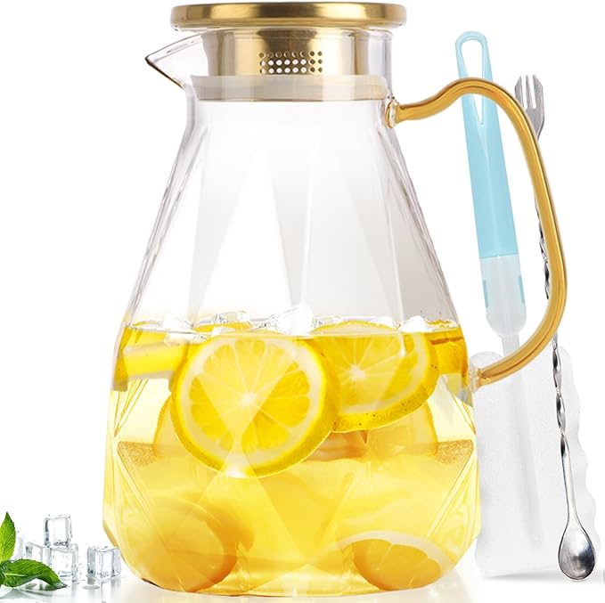 Yirilan Glass Pitcher, 2.4Liter Water Pitcher With Lid, Iced Tea Pitcher for Fridge, Glass Water Carafe With Lid, Glass Water Jug, Large Drink Pitcher For Juice, Milk, Cold Or Hot Beverages, 2400ML