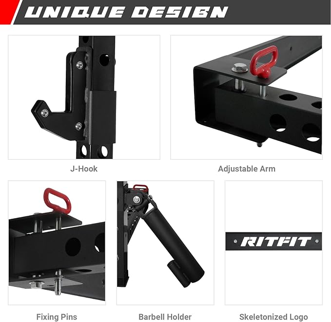 RitFit Multi-Functional Folding Squat Rack for Home Gym, 2.36'' x 2.36'' Wall Mounted Squat Rack with Attachments - Space Saving Squat Power Rack-FlexoryFit