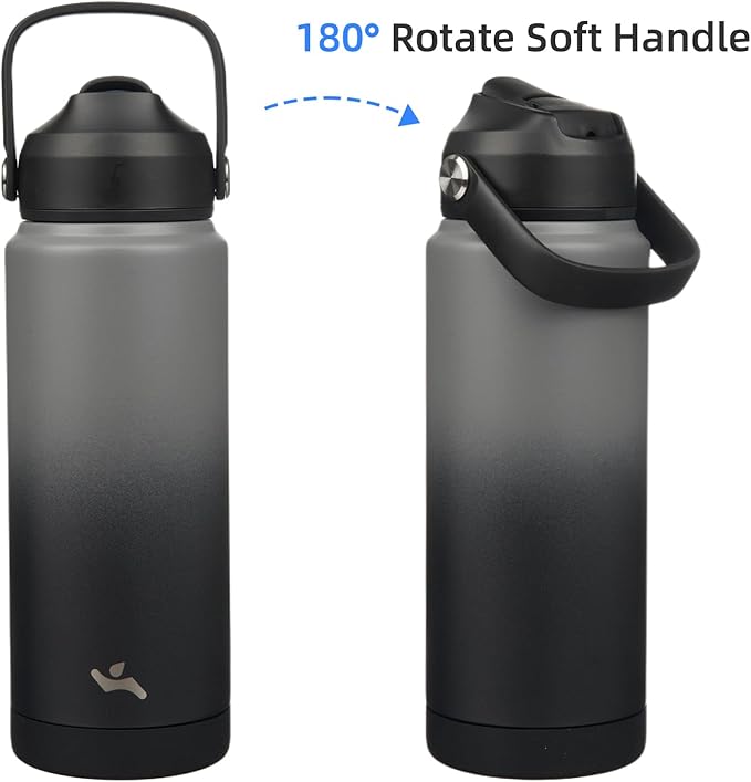 Insulated Water Bottle with Straw Lid,24 oz Stainless Steel Vacuum Metal Bottle with Silicone Handle,Gray Black-FlexoryFit