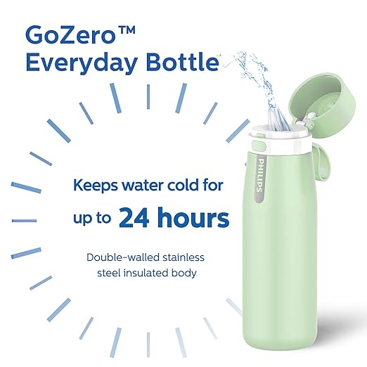 PHILIPS Water Bottle with Filter, Filter Water Bottle Stainless Steel with GoZero Everyday BPA-Free Tap Water Filter, Water Filter Bottle Keep Drink Cold 24 Hours, 3 Filters for 120 gal / 6 Months