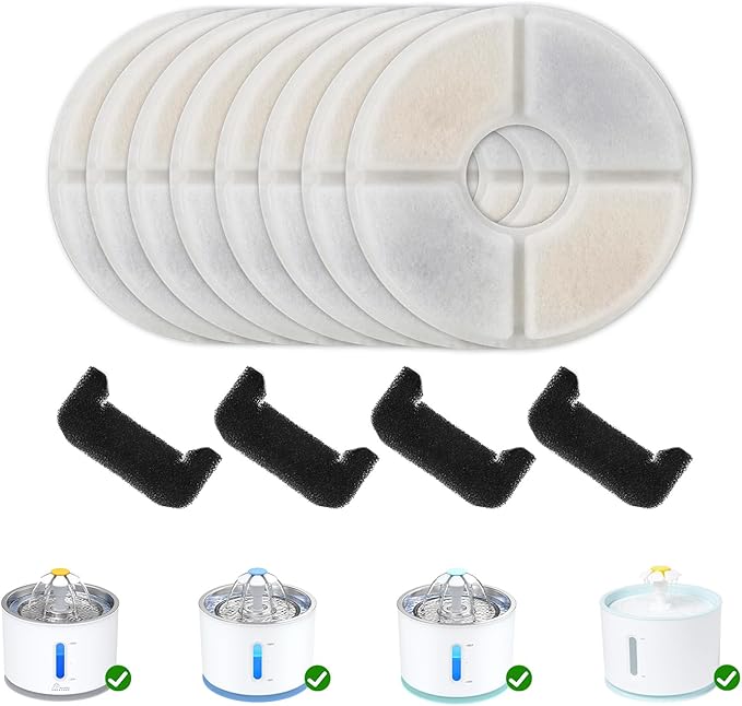 Wonder Creature Cat Fountain Filter Replacement for Round Stainless Steel Top Cat Fountain, 8 Carbon Filters 4 Foam Filters Pack