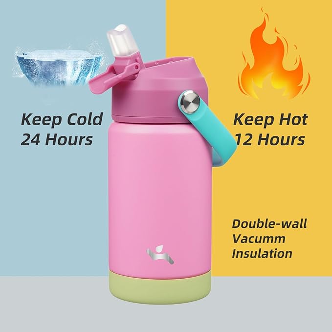 Insulated Water Bottle with Straw Lid,12 oz Stainless Steel Vacuum Metal Bottle with Silicone Handle,Rose Pink-FlexoryFit