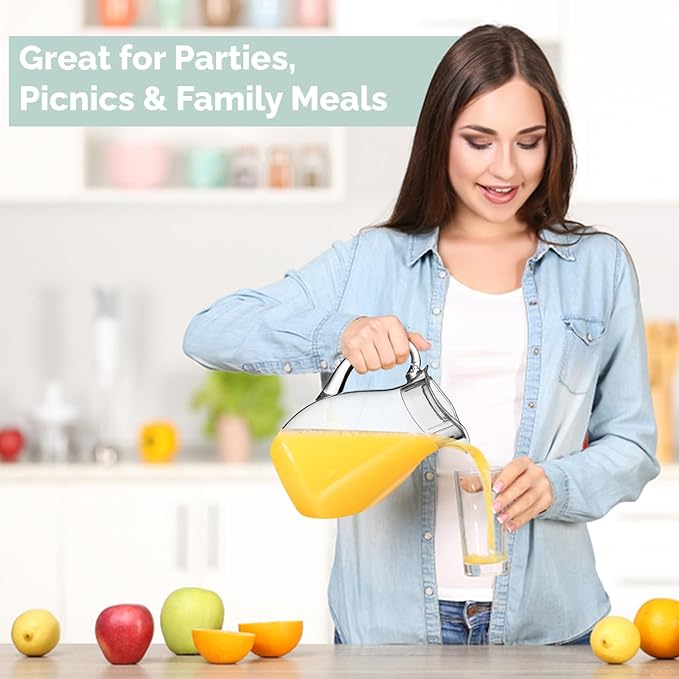 2-Pack Plastic Pitcher (72 oz), Clear Acrylic Water Pitcher with Lid, Fridge Jug, BPA-Free, Shatter-Proof, Great for Iced Tea, Sangria, Lemonade, Juice, Milk, and More
