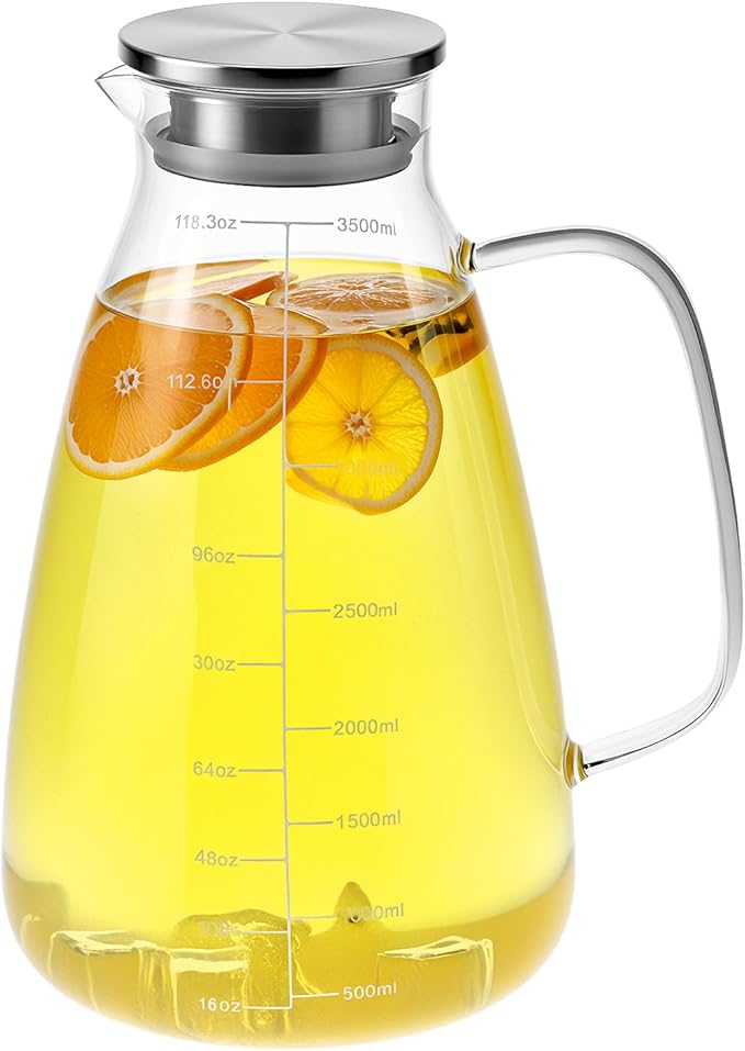 QWORK Glass Pitcher with Lid, 118 OZ Glass Water Pitcher with Precise Scale Line, Hot/Cold Water Jug, for Milk, Beverages