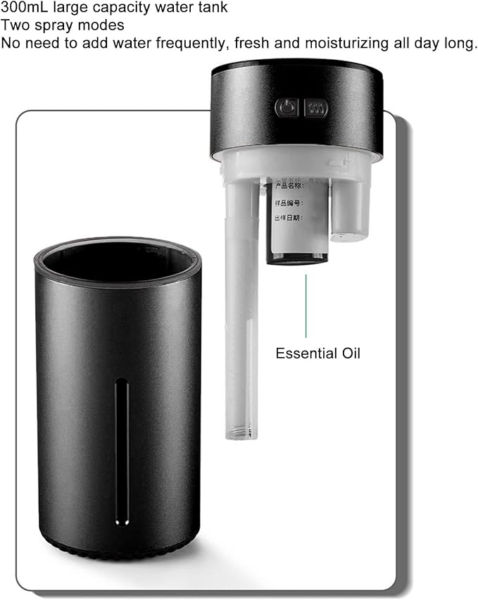 Portable Dual Spray Aromatherapy Diffuser and Humidifier with 300ml Water Tank for Smart Car Air Freshening (Black)