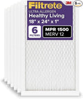 Filtrete 18x24x1 AC Furnace Air Filter, MERV 12, MPR 1500, CERTIFIED asthma & allergy friendly, 3 Month Pleated 1-Inch Electrostatic Air Cleaning Filter, 6-Pack (Actual Size 17.81x23.81x0.78 in)