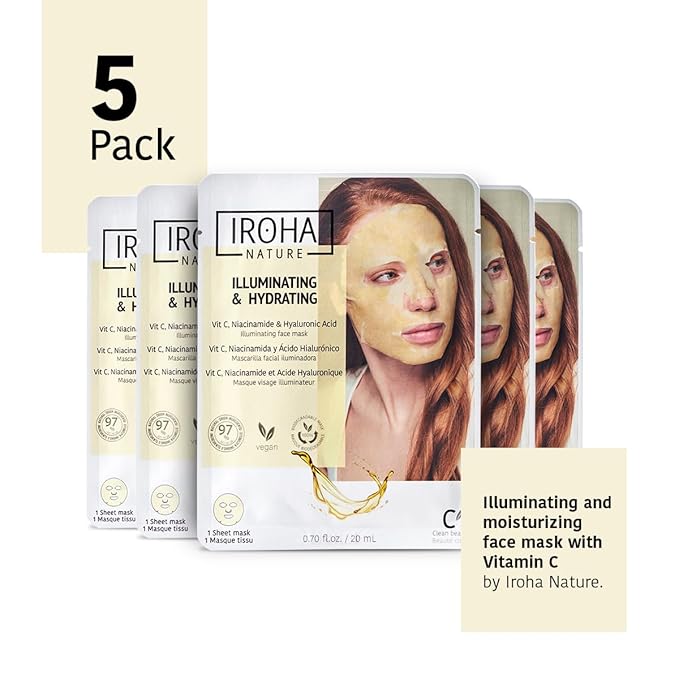 IROHA NATURE Face Masks - Packs for Better Skin (Pack of 5, Brightening & Hydrating Face Mask with Pure Vitamin C and Hyaluronic Acid)-FlexoryFit