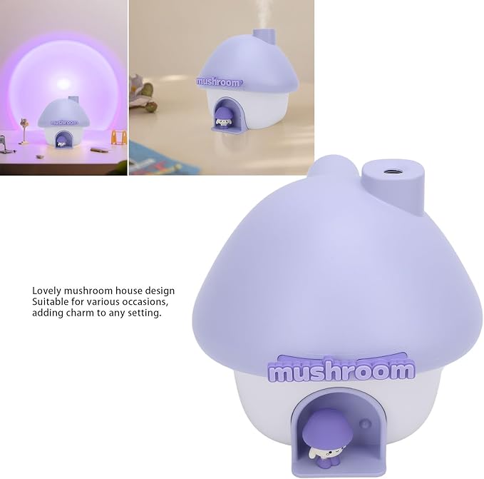 Travel Portable Cute Mushroom House Design Humidifier with Night Light, Personal 300ml Silent Humidifier for Office, Bedroom Car