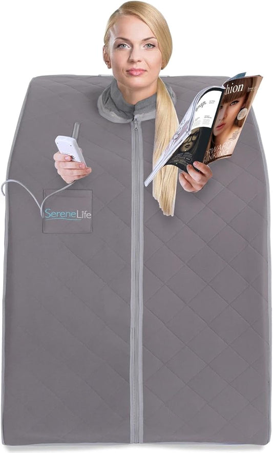 SereneLife Portable Sauna for Home, Infrared Sauna Tent with Heated Foot Pad and Folding Chair, Compact Personal Rejuvenation Sauna, Remote Control In-Home Spa, 38" x 32” - (Gray)