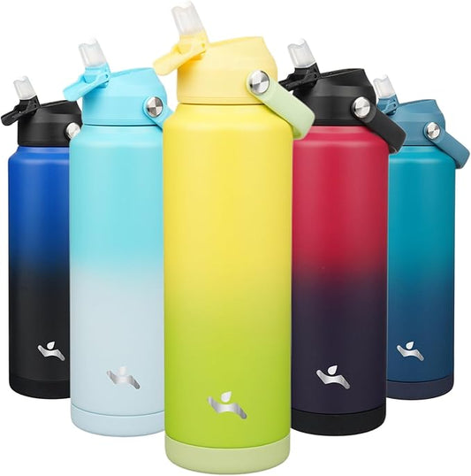 Insulated Water Bottle with Straw Lid,40 oz Stainless Steel Vacuum Metal Bottle with Silicone Handle,Lime-FlexoryFit