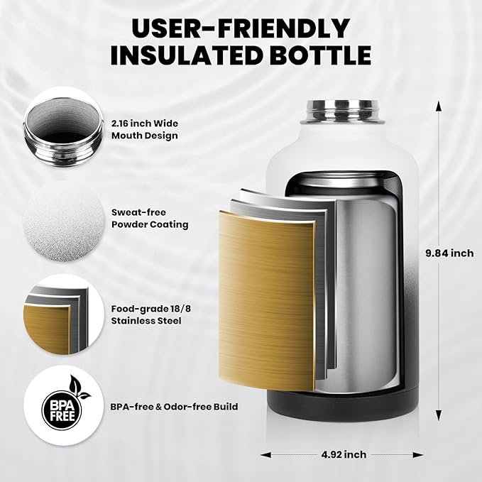 Insulated Water Bottle 64 oz, Triple Wall Vacuum Stainless Steel (Cold for 48 Hrs), Leak Proof & Non-BPA, Half Gallon Water Flask Jug with Paracord Handle & Straw Spout Lids, White/Black-FlexoryFit