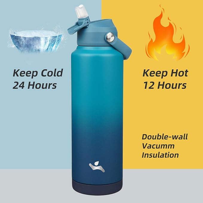 Insulated Water Bottle with Straw Lid,40 oz Stainless Steel Vacuum Metal Bottle with Silicone Handle,Vast-FlexoryFit