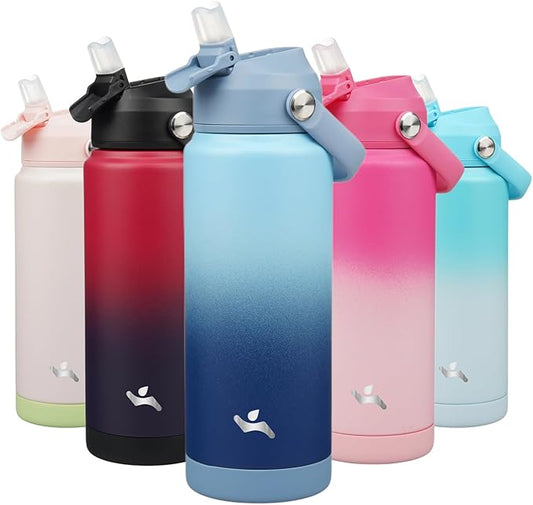 Insulated Water Bottle with Straw Lid,24 oz Stainless Steel Vacuum Metal Bottle with Silicone Handle,Sky-FlexoryFit