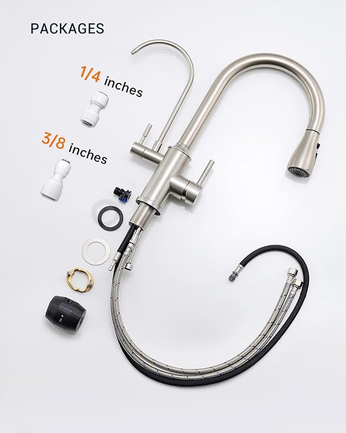 APPASO Kitchen Faucet with Water Filter, Pull Out 3 Way Sink Faucets with Sprayer, High Arch 2 Handle Faucet - 2 in 1 Faucets Brushed Nickel, Without Water Filtration Device