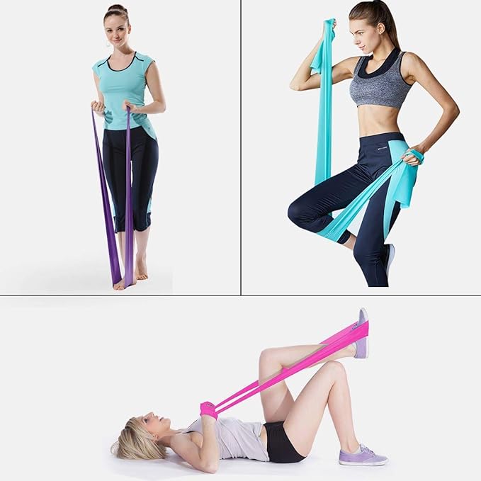 Therapy Flat Resistance Bands Set, Latex Free Flat Elastic Exercise Stretch Bands for Stretching, Flexibility, Pilates, Yoga, Ballet, Gymnastics, Rehab, Workout, Pink, Purple, Blue (3 Pack, 5 FT long)-FlexoryFit