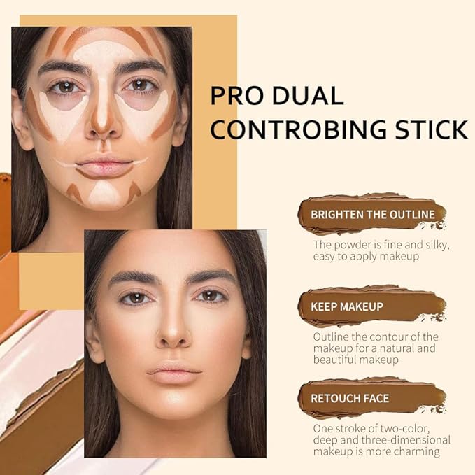 2 Colors Cream Contour Sticks Makeup Kit, Primer Face Highlighter Contouring for Beginners, Highlight and Contour Kit, Cream Concealer Makeup Blur Stick, Primer Face Corrector 3#-FlexoryFit