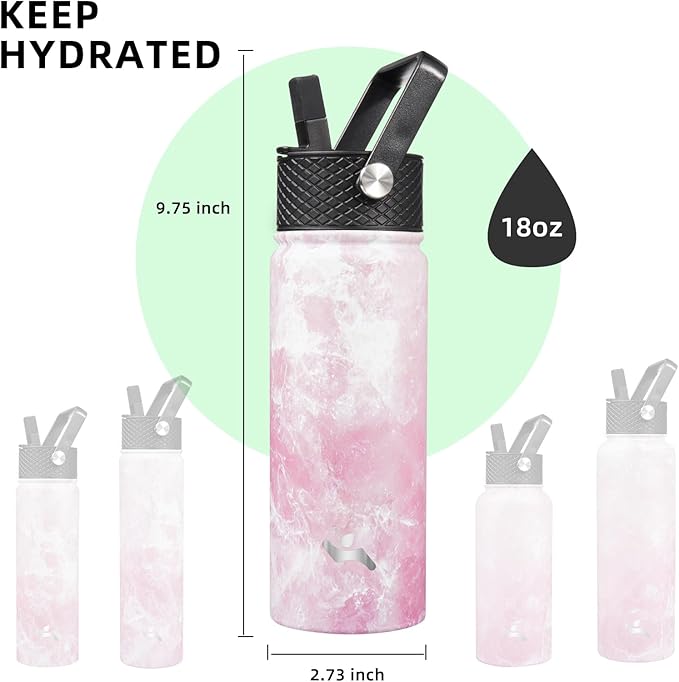 18 oz Insulated Water Bottle Stainless Steel Sport Bottles with 3 Lids,Marble Blossom-FlexoryFit