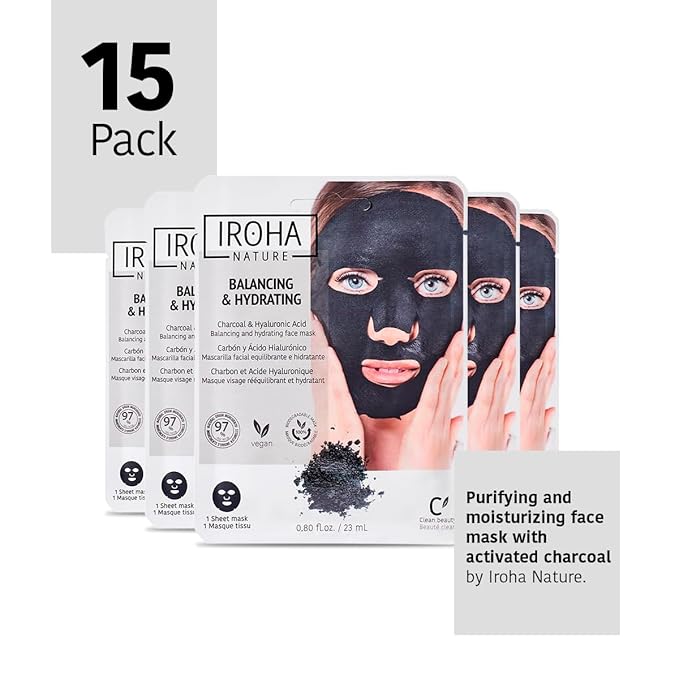 IROHA NATURE Rebalancing & Hydrating Tissue Face Mask | 15 Pieces | With Charcoal & Hyaluronic Acid | Deep Purifying for Clean, Clear Skin | Results in 15 Minutes | 100% Vegan-FlexoryFit