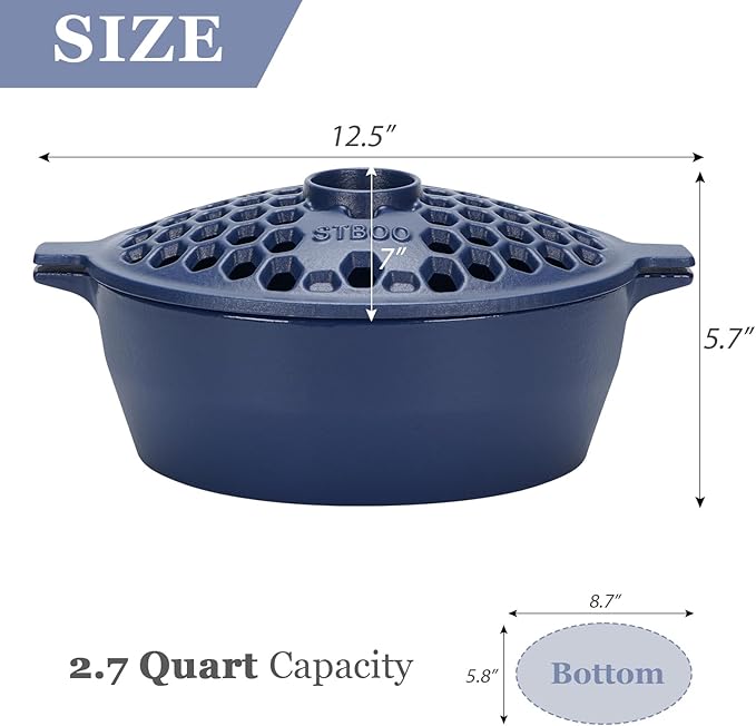 STBoo Wood Stove Steamer - Cast Iron Fireplace Humidifier | Indoor Pot for Home Heating | Bowl Fire Place Stove Covers Accessories Decorative | Matte Finish & Rust Resistan & 2.7 Quart, Blue