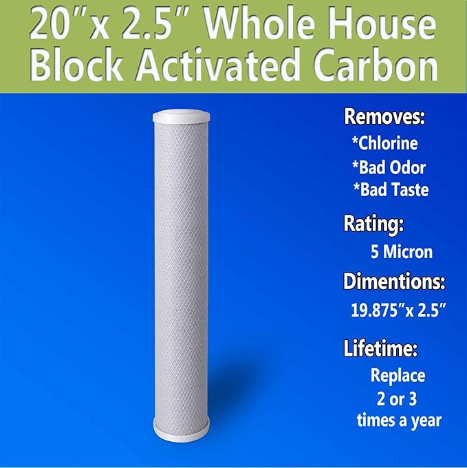 Standard Whole House Coconut Shell Carbon Block 5 Micron Water Filter 20” x 2.5” Fits 20” x 2.5” Housings. Remove Chlorine and Bad Odor. Compatible with C1-20, HX-CB-25-2010, F3WCB32
