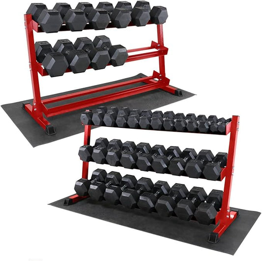 WF Athletic Supply Rubber Coated Hex Dumbbell Set, Multiple Choices Available - Dumbbells with Rack Stand and Mat, or Dumbbells Only (200/550/1200/2100/3000 LB)-FlexoryFit
