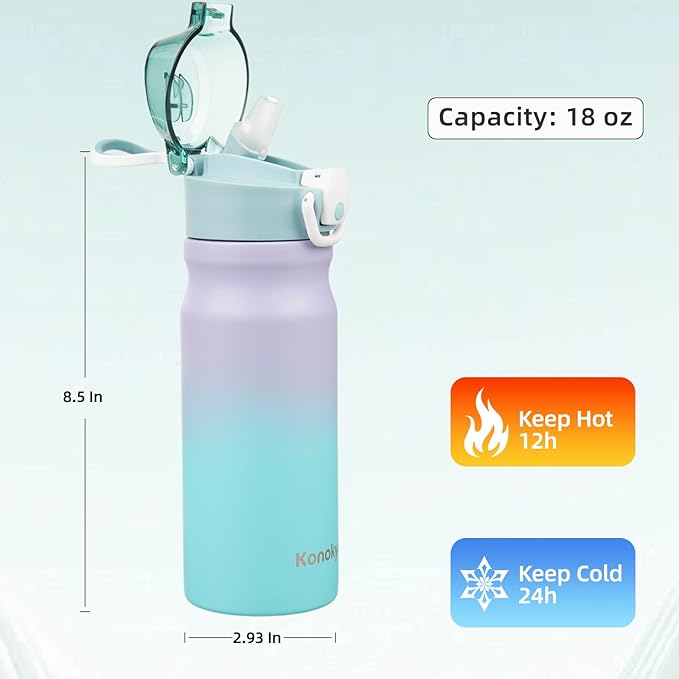 Insulated Water Bottle with Straw and Carry Loop,18 oz Stainless Steel Double Wall Vaccum Metal Water Flask with Leak-proof Lid,Oasis-FlexoryFit