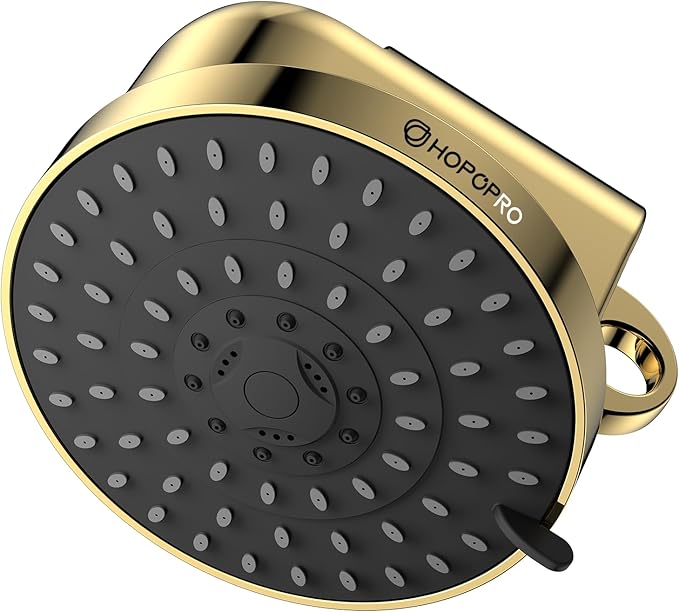 High Flow Filtered Shower Head, HOPOPRO 5 Modes High Pressure Fixed Showerhead with Filter, 2-In-1 Shower Head Filter for Hard Water, Remove 99% Chlorine, Improves Skin Hair Condition (6 Inch Gold)