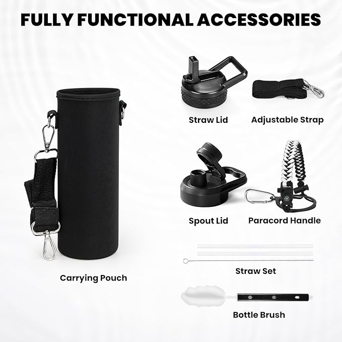 Insulated Water Bottle 24oz, Triple Wall Vacuum Stainless Steel (Cold for 48 Hrs, Hot for 24Hrs), Leak Proof & Non-BPA, 24oz Hydro Water Flask with Paracord Handle & Straw Spout Lids-FlexoryFit