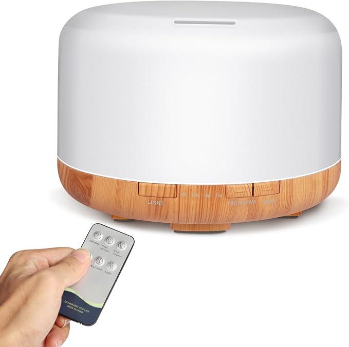 500ml Premium Essential Oil Diffuser with Remote Control. Ultrasonic Aromatherapy Humidifier Vaporizer. 7 Colors Lights. Comes with Timer & Auto-Off for Home & Office (Wood)