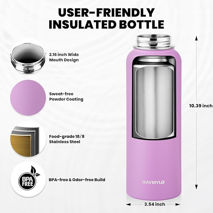 Insulated Water Bottle 40 oz, Triple Wall Vacuum Stainless Steel (Cold for 48 Hrs), Leak Proof & Non-BPA, Modern Water Flask Jug with Paracord Handle & Straw Spout Lids, Lilac-FlexoryFit
