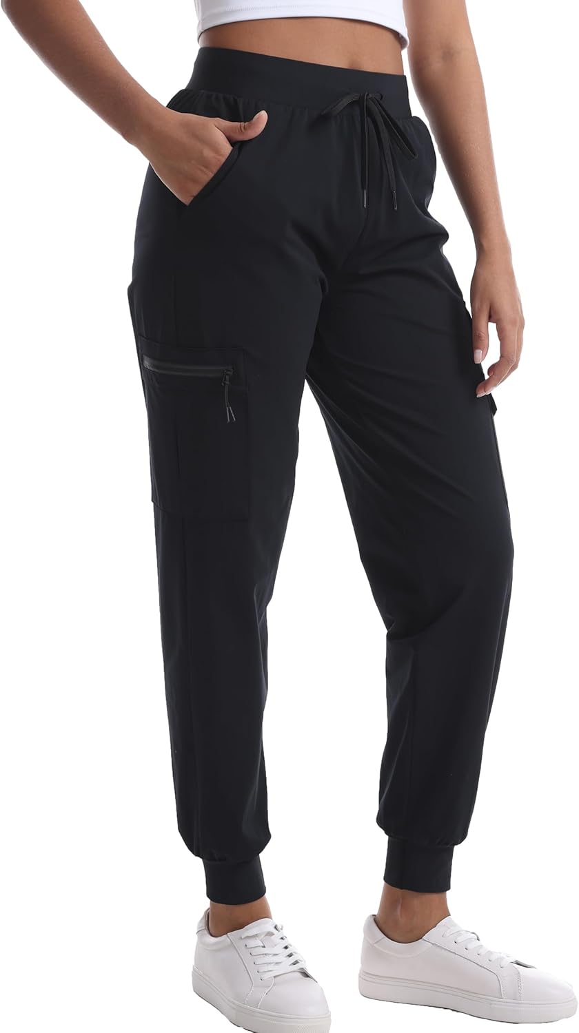 Women's Lightweight Hiking Joggers with Pockets - Water Resistant Cargo Pants for Outdoor Workouts Camping