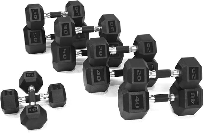 WF Athletic Supply Rubber Encased Hex Dumbbells with Rubber Grip Contoured Handle for Muscle Toning, Strength Building & Full Body Workout-FlexoryFit