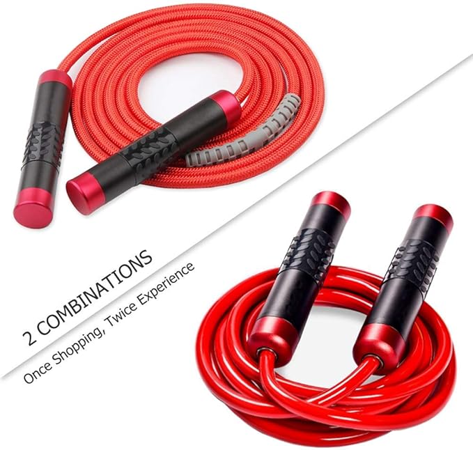 Redify Weighted Jump Rope for Workout Fitness(1LB), Tangle-Free Ball Bearing Rapid Speed Skipping Rope for MMA Boxing Weight-loss,Aluminum Handle Adjustable Length 9MM Fabric Cotton+9MM Solid PVC Rope-FlexoryFit