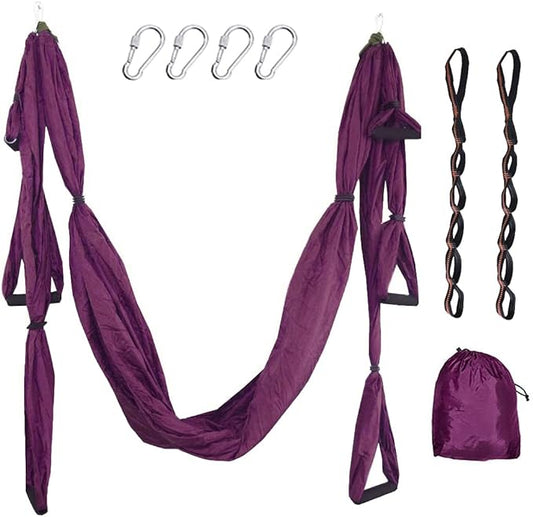 Aerial Yoga Swing Set with 2 Extension Straps - Anti-Gravity Aerial Yoga Hammock Sling for Inversion Exercises, Indoor Outdoor Home Gym Fitness Equipment-FlexoryFit