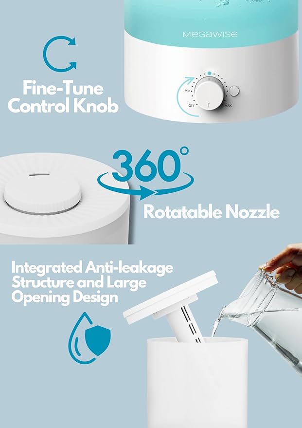 MEGAWISE 1.5L Cool Mist Humidifier for Bedroom, Home, Office, and Plants, Essential Oil Diffuser with Adjustable Mist Output, 25dB Quiet Ultrasonic, Up to 10 Hours, Easy to Clean