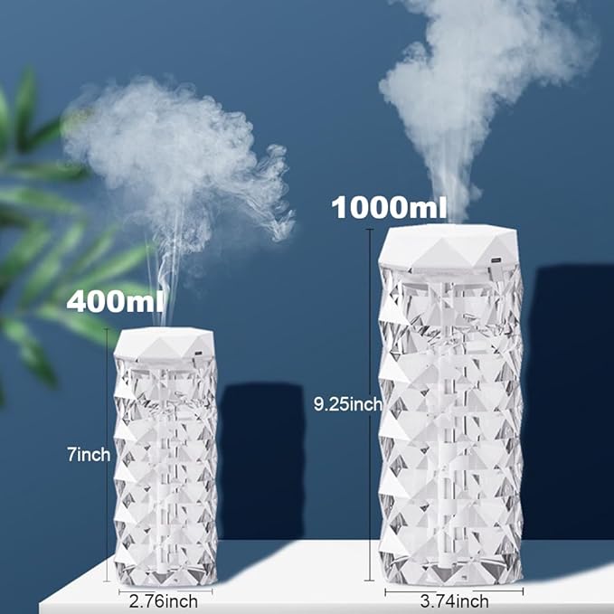 USB Desktop Crystal Humidifier 1000ml with 7 Colors LED Night Light, No Noise Suitable for Home, Office, Desk, Bedroom and Babies Room and No Battery (1000ml)