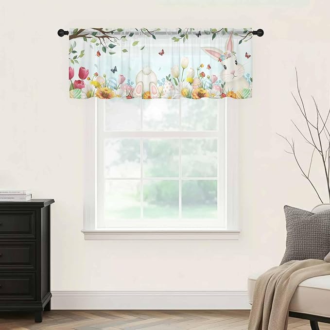 Easter Sheer Valances for Windows 42"x18", Light Filtering Kitchen Curtains - Image 9