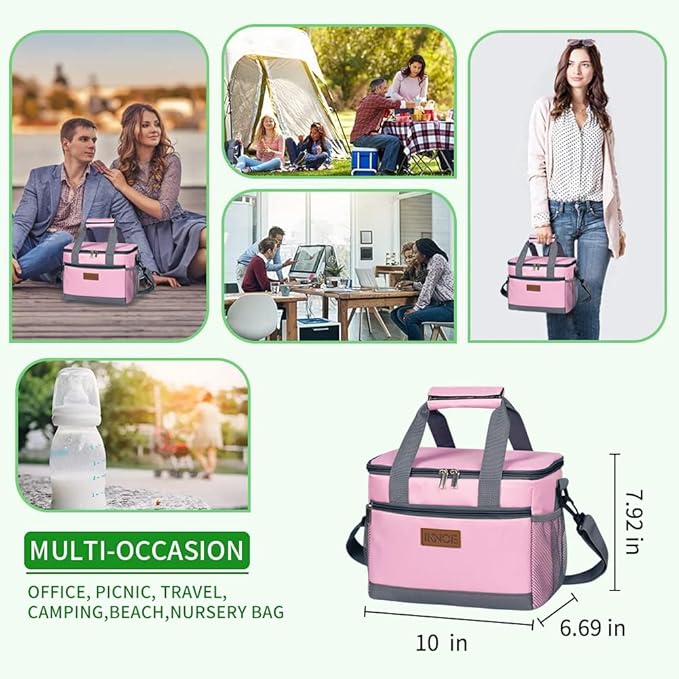 iknoe Large Foldable Cooler Bag, 8.5L Insulated Lunch Bag, Leakproof Lunch Cooler Tote with Multi-Bag Design Suitable for Beach, Picnic and Office Use, Pink 15-Can-FlexoryFit