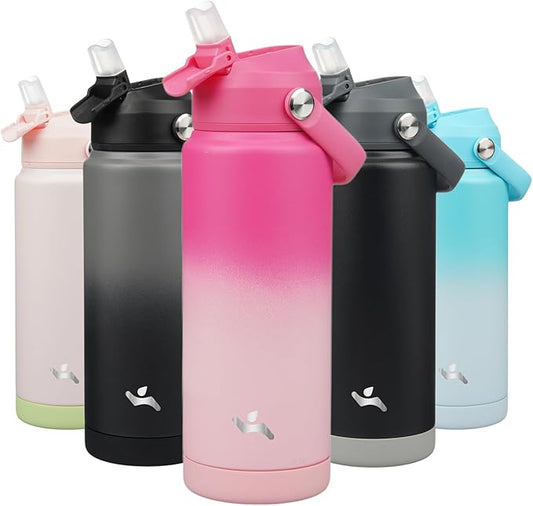 Insulated Water Bottle with Straw Lid,24 oz Stainless Steel Vacuum Metal Bottle with Silicone Handle,Cherry Blossom-FlexoryFit