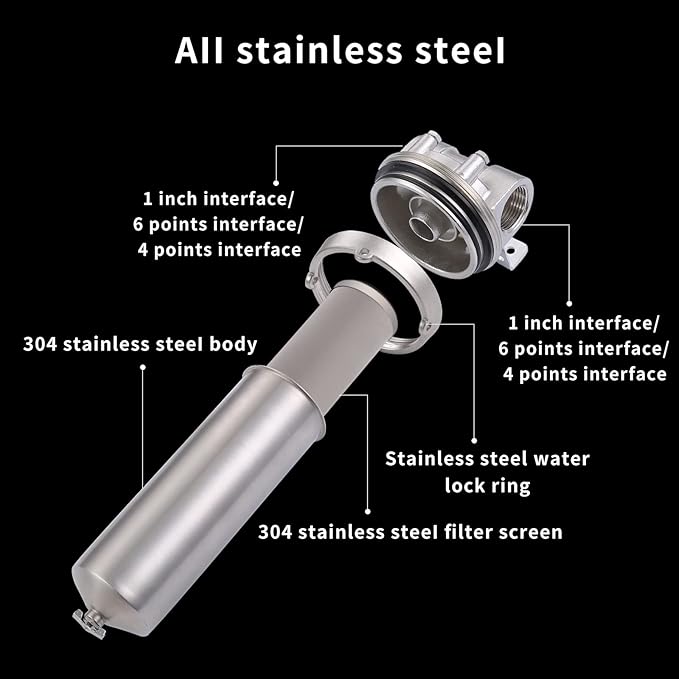 Amwater NSF/ANSI 42 Certification Stainless Steel Filter Housing for 20" Filter Cartridge, 1" NPT Water Filter Housing for Whole House Water Purification of Stainless Steel 304