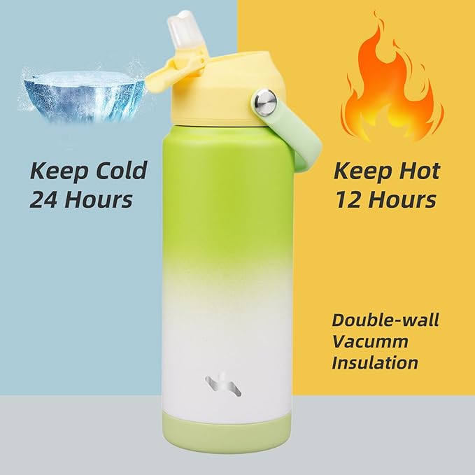 Insulated Water Bottle with Straw Lid,24 oz Stainless Steel Vacuum Metal Bottle with Silicone Handle,GreenWhite-FlexoryFit
